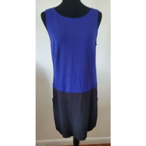EUC Ann Taylor Loft SZ 10 Blue Black Straight Sleeveless Dress with Pockets - Picture 3 of 7